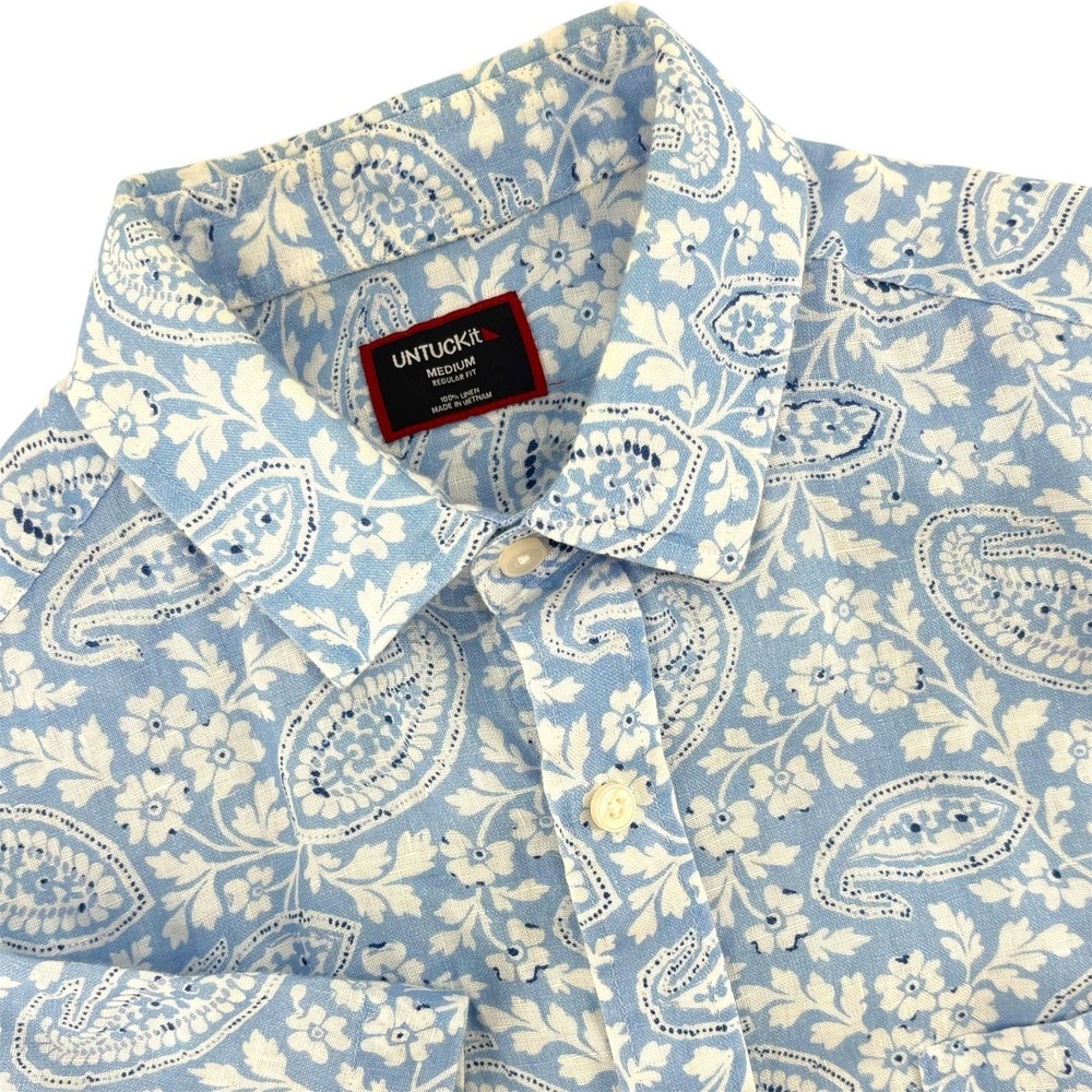 UNTUCKit Mens Turner-Placid Blue Linen Paisley Short Sleeve Shirt Medium 42020